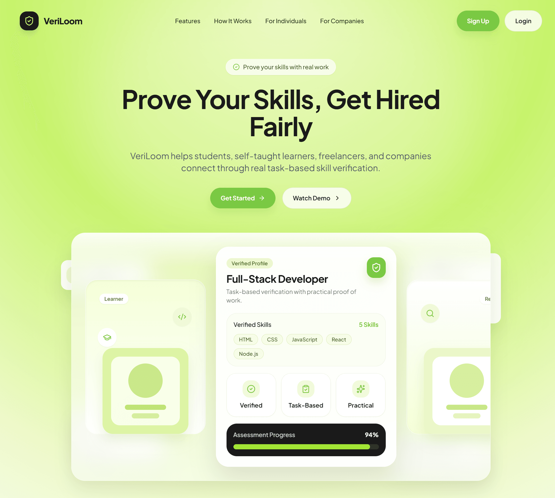 Veriloom's landing page. The headline reads Prove Your Skills, Get Hired Fairly. Below is an illustrated verified profile for a full-stack developer, with five verified skills and badges for verified, task-based and practical.
